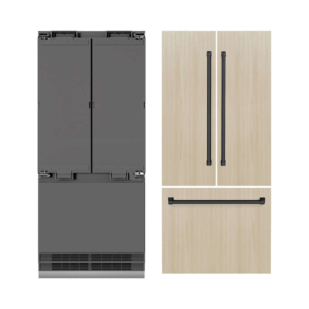 ZLINE Autograph Edition 36 in. 19.6 cu. ft. Panel Ready French Door Built-In Bottom Freezer Refrigerator with Water Dispenser and Ice Maker with Graphite Gray Interior and Matte Black Accents (GRBIVZ-36-MB) front, next to custom panels and handles.