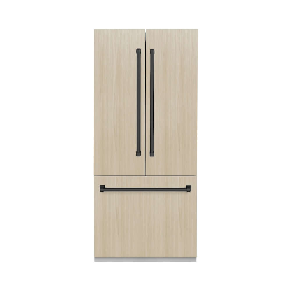 ZLINE Autograph Edition 36 in. 19.6 cu. ft. Panel Ready French Door Built-In Bottom Freezer Refrigerator with Water Dispenser and Ice Maker with Graphite Gray Interior and Matte Black Accents (GRBIVZ-36-MB) front, with custom panels, closed.
