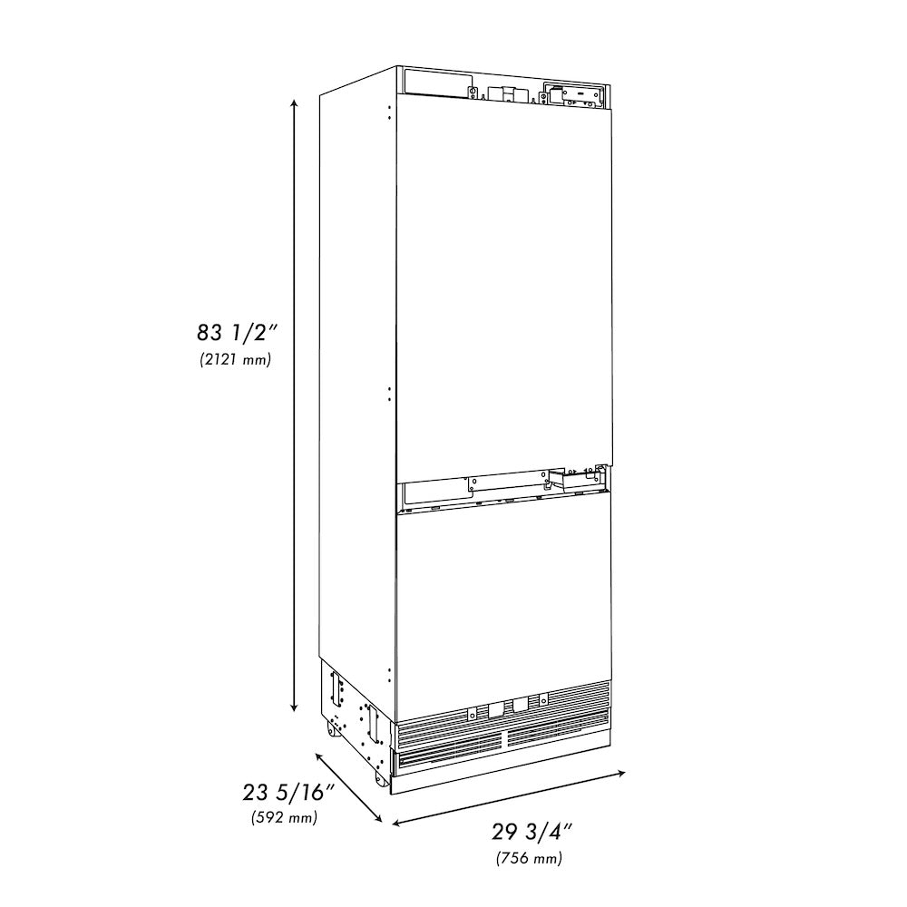 ZLINE Autograph Edition 30 in. 16.1 cu. ft. Panel Ready Built-In Bottom Freezer Refrigerator with Water Dispenser and Ice Maker with Champagne Bronze Accents (RBIVZ-30-CB) dimensional diagram.