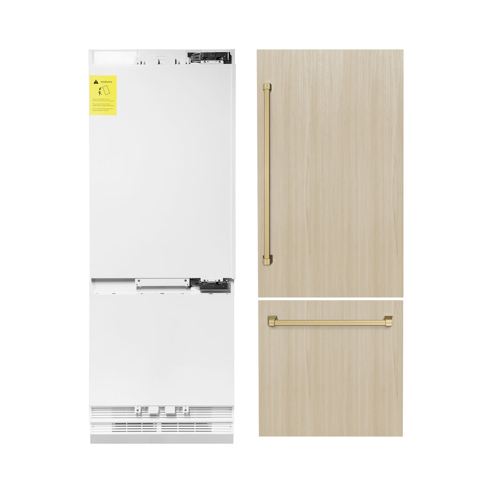 ZLINE Autograph Edition 30 in. Panel Ready Built-in Refrigerator next to custom panels with included Champagne Bronze Handles front.