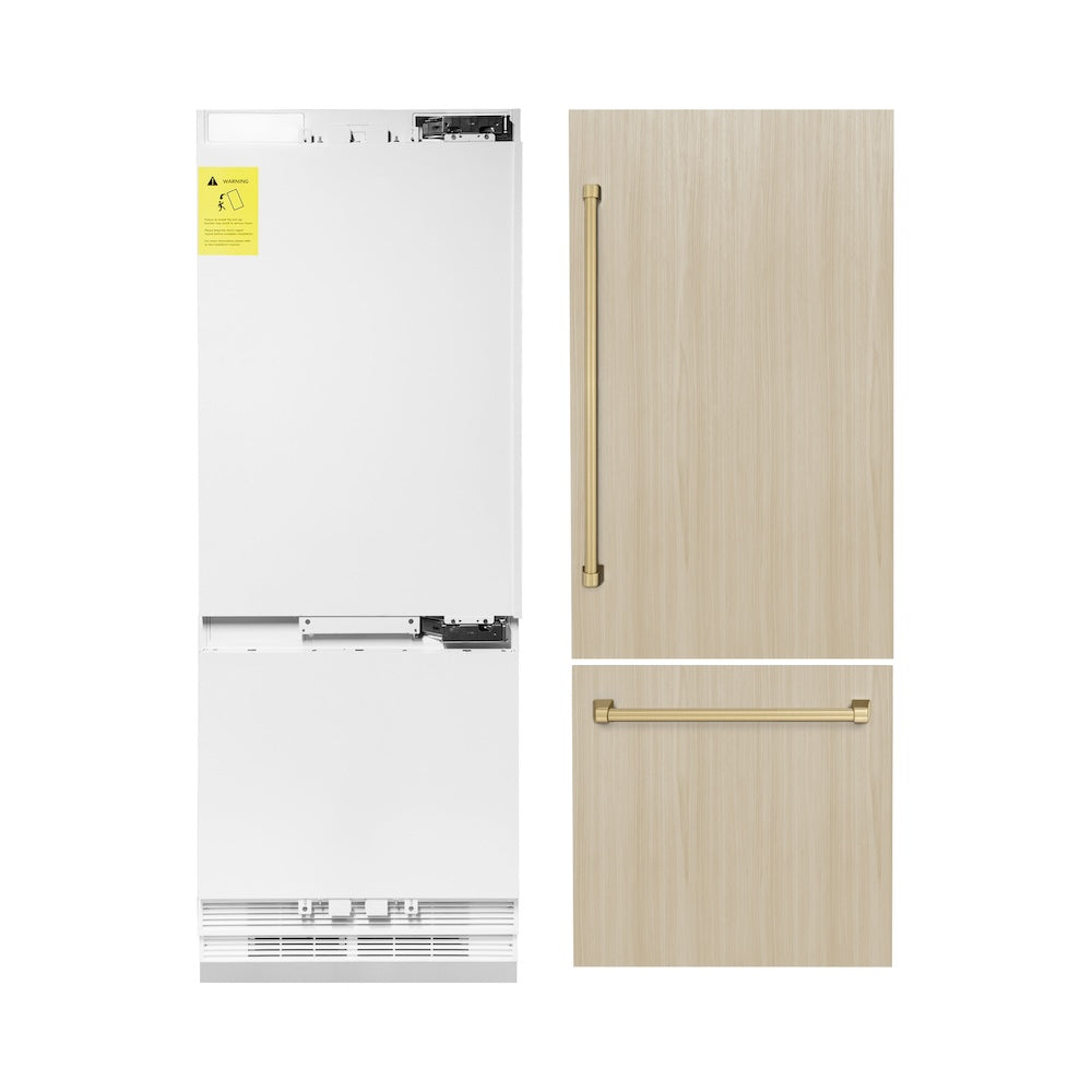 ZLINE Autograph Edition 30 in. 16.1 cu. ft. Panel Ready Built-In Bottom Freezer Refrigerator with Water Dispenser and Ice Maker with Champagne Bronze Accents (RBIVZ-30-CB) front, refrigeration unit next to panels and handles.
