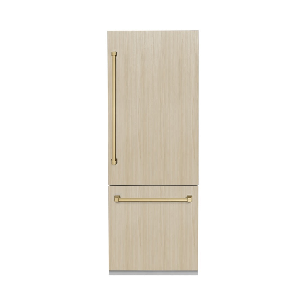 ZLINE Autograph Edition 30 in. 16.1 cu. ft. Panel Ready Built-In Bottom Freezer Refrigerator with Water Dispenser and Ice Maker with Champagne Bronze Accents (RBIVZ-30-CB) front, with custom panels, closed.