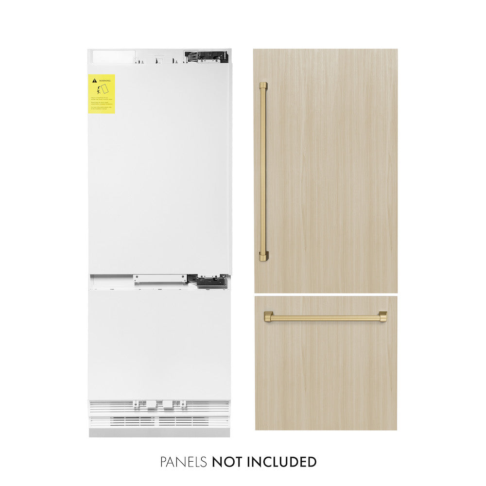 ZLINE Autograph Edition 30 in. Panel Ready Built-in Refrigerator next to custom panels with included Champagne Bronze Handles front. Text: Panels not included.