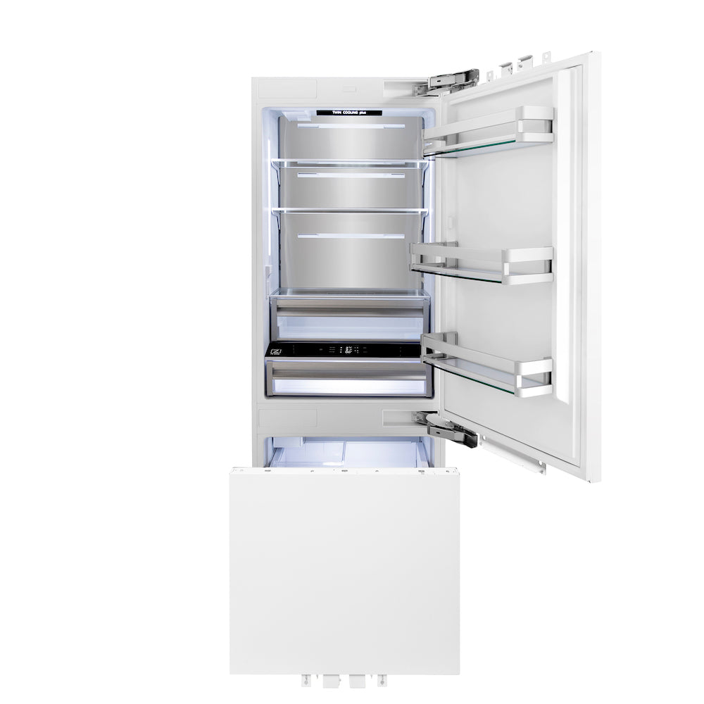 ZLINE Autograph Edition 30 in. Panel Ready Built-in Refrigerator front with door open and bottom freezer open LED lighting activated.