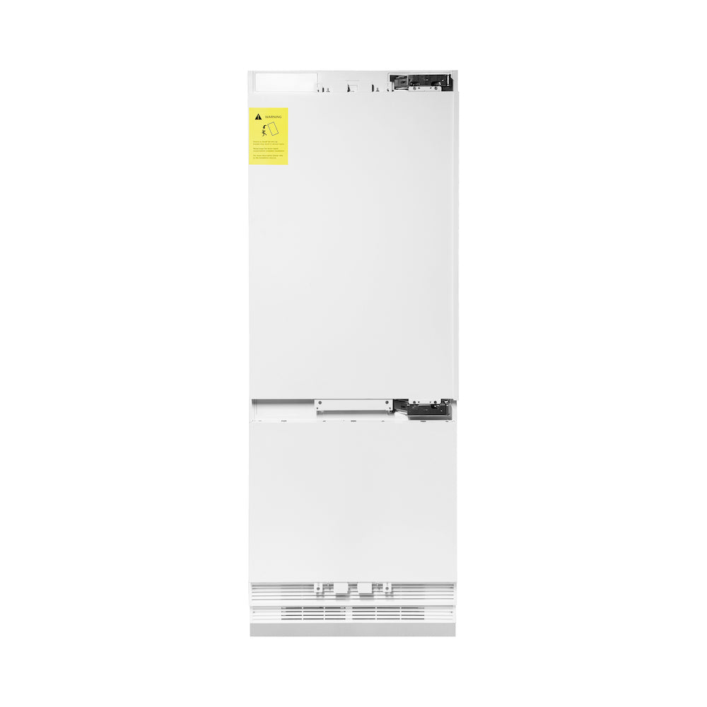 ZLINE Autograph Edition 30 in. 16.1 cu. ft. Panel Ready Built-in 2-Door Bottom Freezer Refrigerator with Internal Water and Ice Dispenser with Polished Gold Handles (RBIVZ-30-G) front, closed.