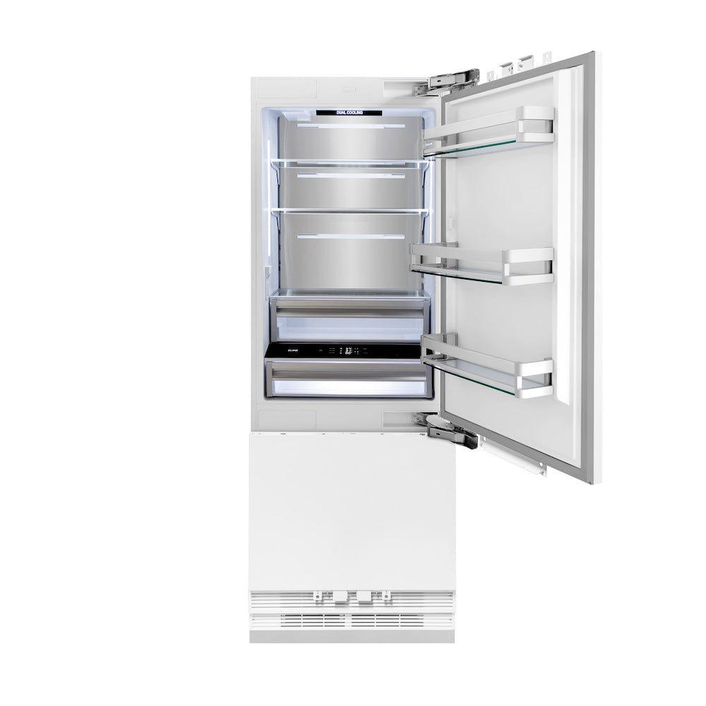 ZLINE Autograph Edition 30 in. 16.1 cu. ft. Panel Ready Built-In Bottom Freezer Refrigerator with Water Dispenser and Ice Maker with Polished Gold Accents (RBIVZ-30-G) front, open, empty.