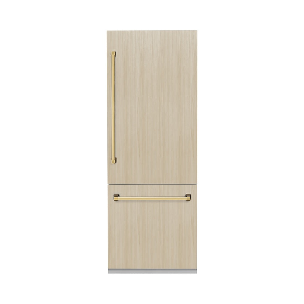ZLINE Autograph Edition 30 in. 16.1 cu. ft. Panel Ready Built-In Bottom Freezer Refrigerator with Water Dispenser and Ice Maker with Polished Gold Accents (RBIVZ-30-G) front, with custom panels, closed.