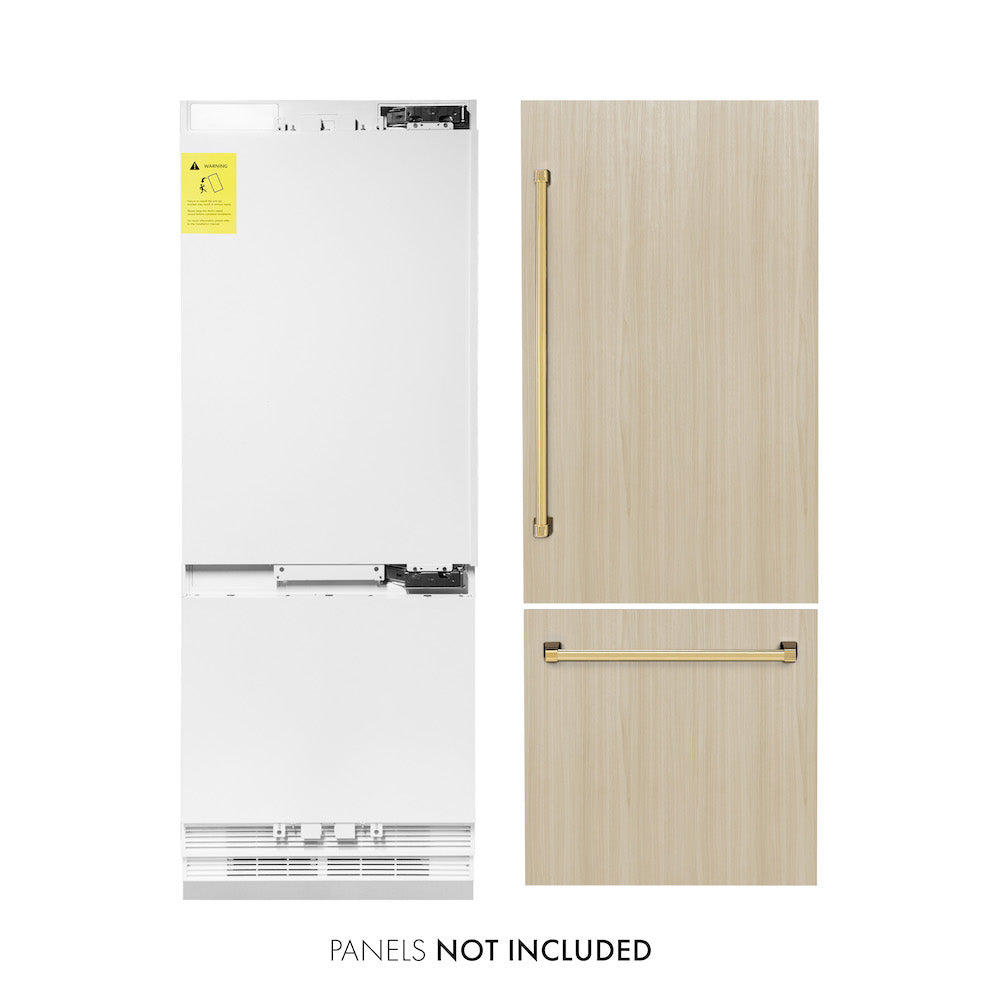 ZLINE Autograph Edition 30 in. Panel Ready Built-in Refrigerator next to custom panels with included Polished Gold Handles front. Text: Panels not included.