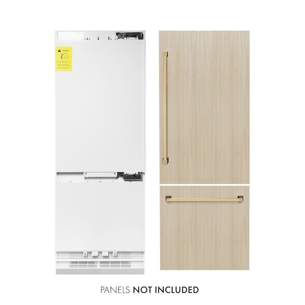ZLINE Autograph Edition 30 in. 16.1 cu. ft. Panel Ready Built-In Bottom Freezer Refrigerator with Water Dispenser and Ice Maker with Polished Gold Accents (RBIVZ-30-G) front, refrigeration unit next to panels and handles. Text: Panels NOT included.