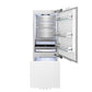 ZLINE Autograph Edition 30 in. 16.1 cu. ft. Panel Ready Built-In Bottom Freezer Refrigerator with Water Dispenser and Ice Maker with Matte Black Accents (RBIVZ-30-MB) front, refrigeration compartment and bottom freezer open with lights on.