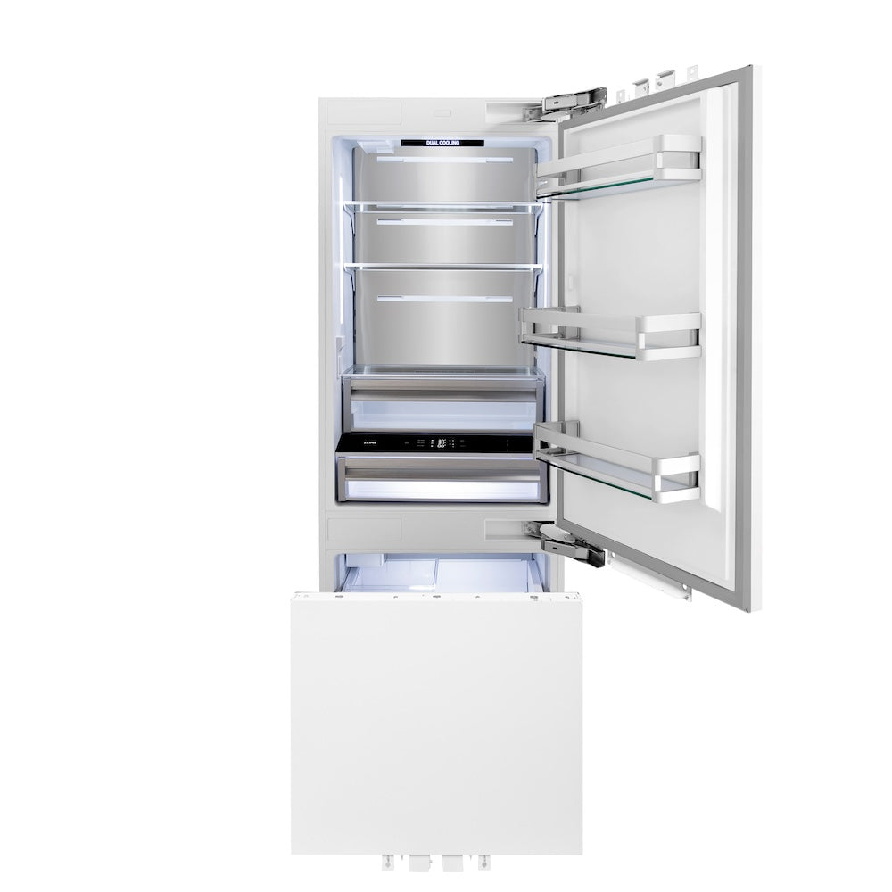 ZLINE Autograph Edition 30 in. 16.1 cu. ft. Panel Ready Built-In Bottom Freezer Refrigerator with Water Dispenser and Ice Maker with Matte Black Accents (RBIVZ-30-MB) front, refrigeration compartment and bottom freezer open with lights on.
