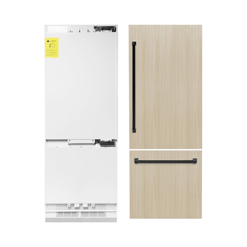 ZLINE Autograph Edition 30 in. 16.1 cu. ft. Panel Ready Built-in 2-Door Bottom Freezer Refrigerator with Internal Water and Ice Dispenser with Matte Black Handles (RBIVZ-30-MB) front, closed.