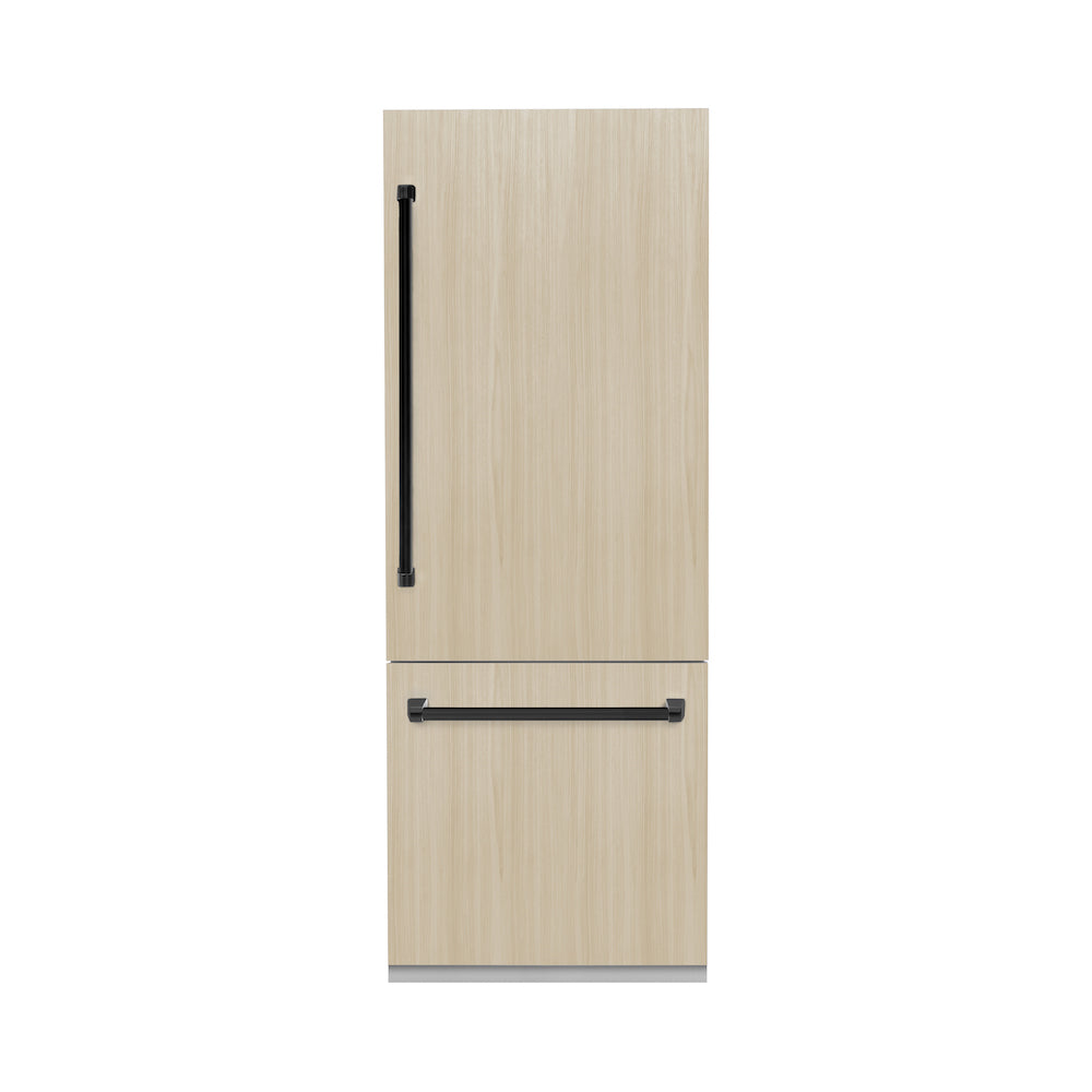 ZLINE Autograph Edition 30 in. Panel Ready Built-in Refrigerator with Matte Black handles installed on custom panels front.
