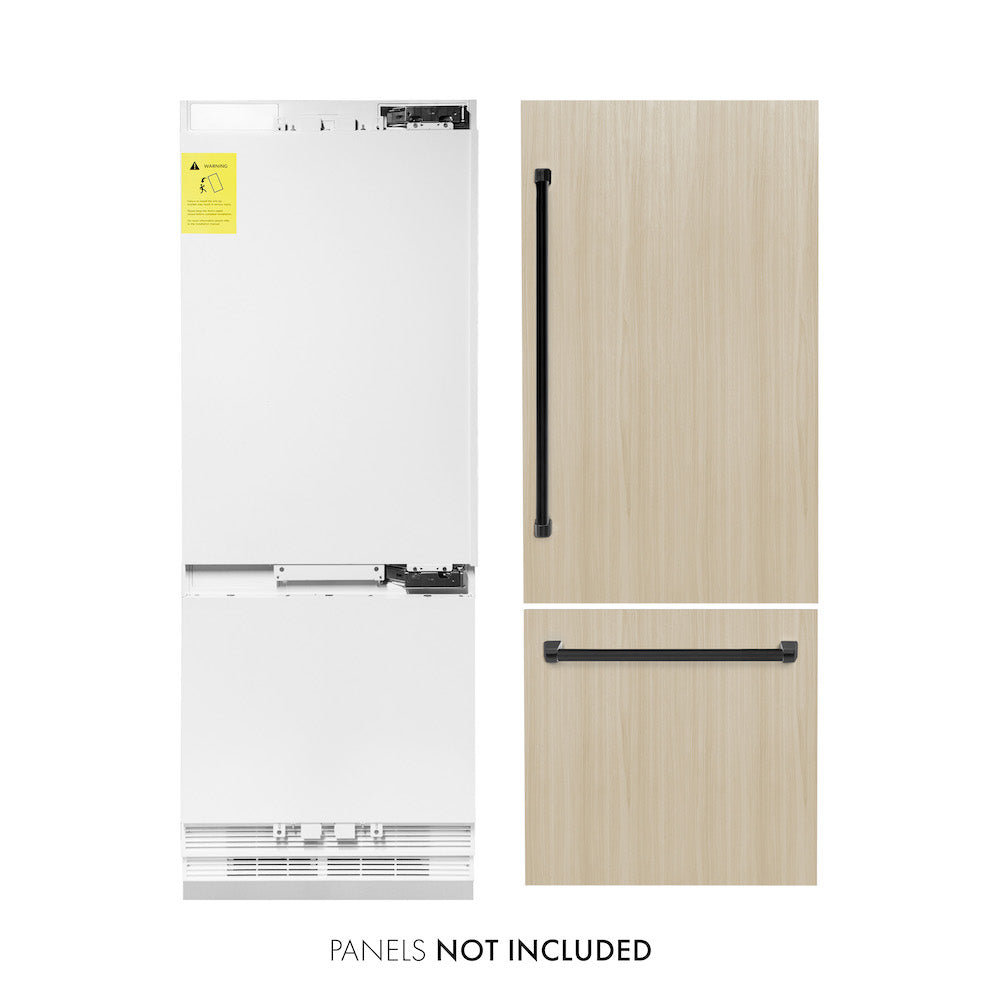 ZLINE Autograph Edition 30 in. 16.1 cu. ft. Panel Ready Built-in 2-Door Bottom Freezer Refrigerator with Internal Water and Ice Dispenser with Matte Black Handles (RBIVZ-30-MB) front, closed.