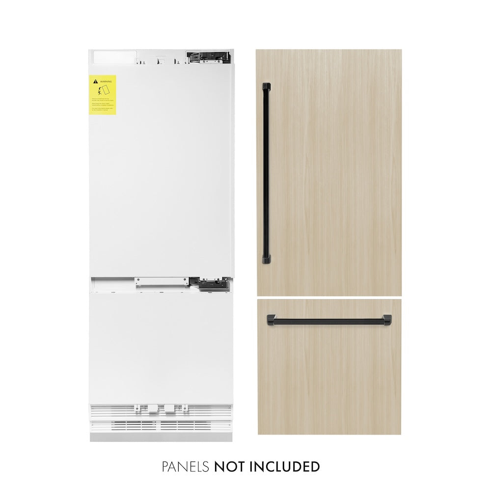 ZLINE Autograph Edition 30 in. 16.1 cu. ft. Panel Ready Built-In Bottom Freezer Refrigerator with Water Dispenser and Ice Maker with Matte Black Accents (RBIVZ-30-MB) front, refrigeration unit next to panels and handles. Text: Panels NOT included.