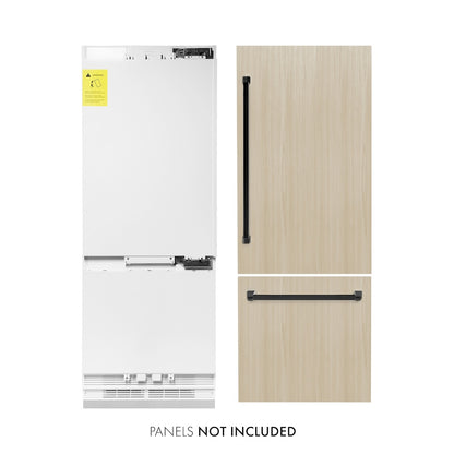 ZLINE Autograph Edition 30 in. 16.1 cu. ft. Panel Ready Built-In Bottom Freezer Refrigerator with Water Dispenser and Ice Maker with Matte Black Accents (RBIVZ-30-MB) front, refrigeration unit next to panels and handles. Text: Panels NOT included.