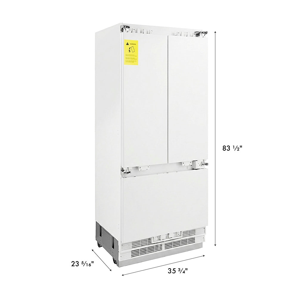 ZLINE Autograph Edition 36 in. 19.6 cu. ft. Panel Ready French Door Built-In Bottom Freezer Refrigerator with Water Dispenser and Ice Maker with Champagne Bronze Accents (RBIVZ-36-CB) dimensional diagram.