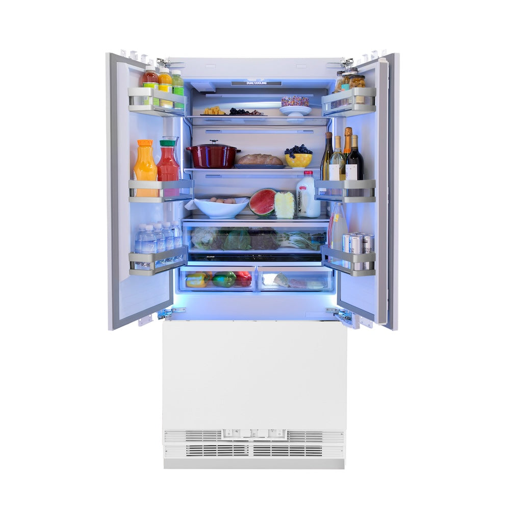 ZLINE Autograph Edition 36 in. 19.6 cu. ft. Panel Ready French Door Built-In Bottom Freezer Refrigerator with Water Dispenser and Ice Maker with Champagne Bronze Accents (RBIVZ-36-CB) front, open with various food and drink items inside and LED lighting activated.
