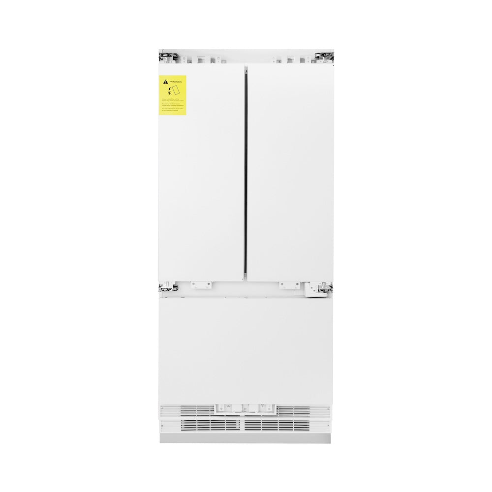 ZLINE Autograph Edition 36 in. 19.6 cu. ft. Panel Ready Built-in 3-Door French Door Refrigerator with Internal Water and Ice Dispenser with Champagne Bronze Handles (RBIVZ-36-CB) front, without panels, closed.