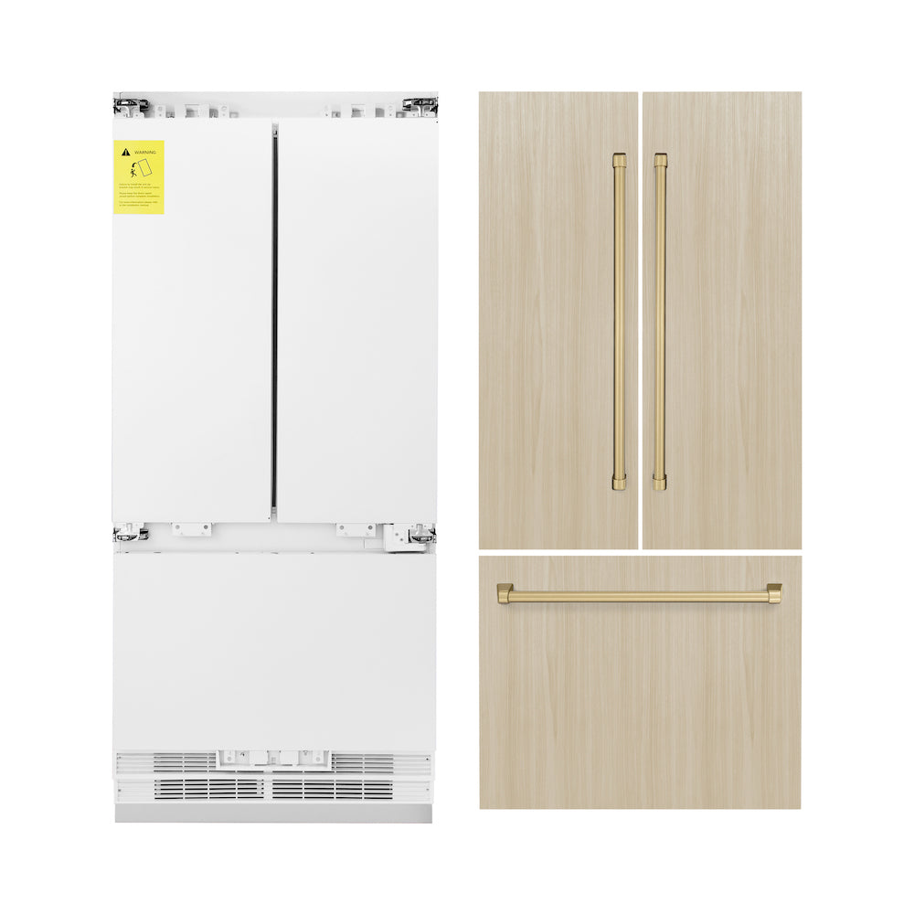 ZLINE Autograph Edition 36 in. 19.6 cu. ft. Panel Ready Built-in 3-Door French Door Refrigerator with Internal Water and Ice Dispenser with Champagne Bronze Handles (RBIVZ-36-CB) front, closed.