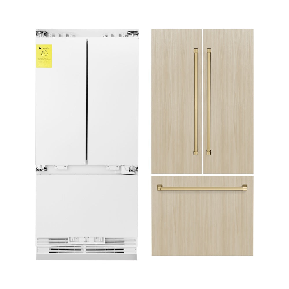 ZLINE Autograph Edition 36 in. 19.6 cu. ft. Panel Ready Built-in 3-Door French Door Refrigerator with Internal Water and Ice Dispenser with Champagne Bronze Handles (RBIVZ-36-CB) front, refrigeration unit next to custom panels with handles installed.