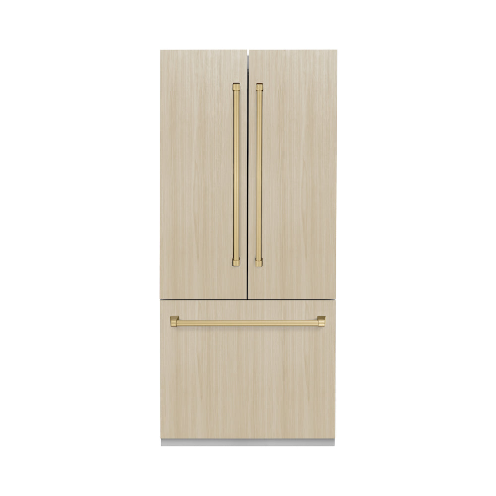 ZLINE Autograph Edition 36 in. Panel Ready Built-in Refrigerator with Champagne Bronze handles installed on custom panels front.