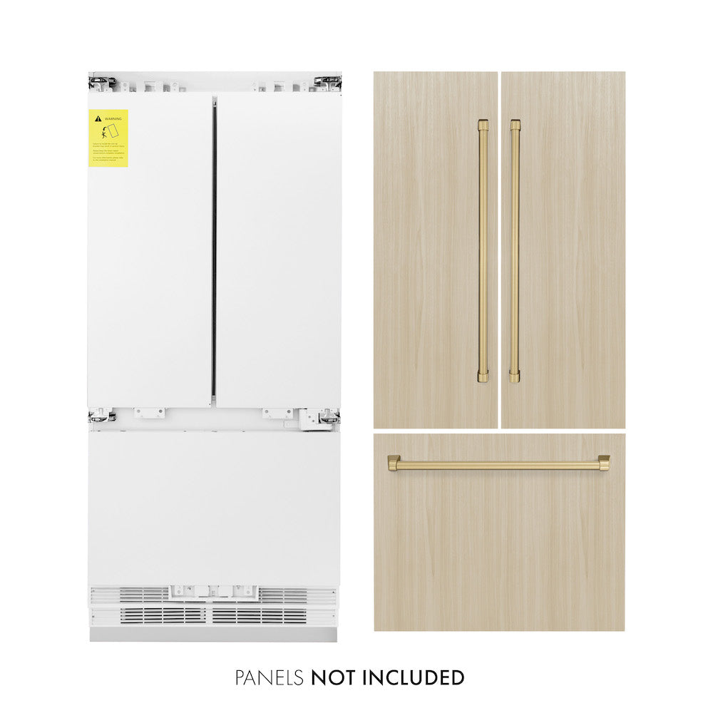 ZLINE Autograph Edition 36 in. Panel Ready Built-in Refrigerator next to custom panels with included Champagne Bronze Handles front. Text: Panels not included.