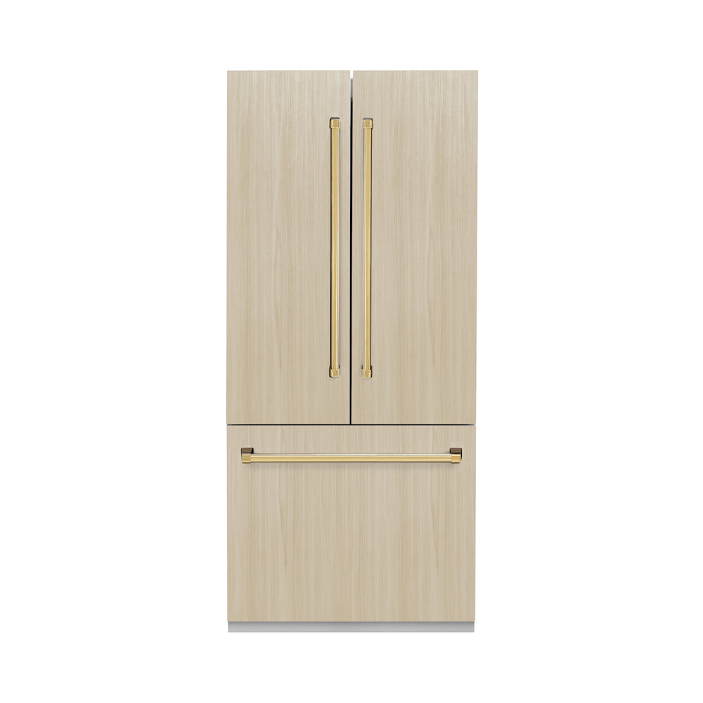 ZLINE Autograph Edition 36 in. Panel Ready Built-in Refrigerator with Polished Gold handles installed on custom panels front.