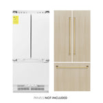 ZLINE Autograph Edition 36 in. 19.6 cu. ft. Panel Ready French Door Built-In Bottom Freezer Refrigerator with Water Dispenser and Ice Maker with Polished Gold Accents (RBIVZ-36-G) front, refrigeration unit next to panels and handles. Text: Panels NOT included.