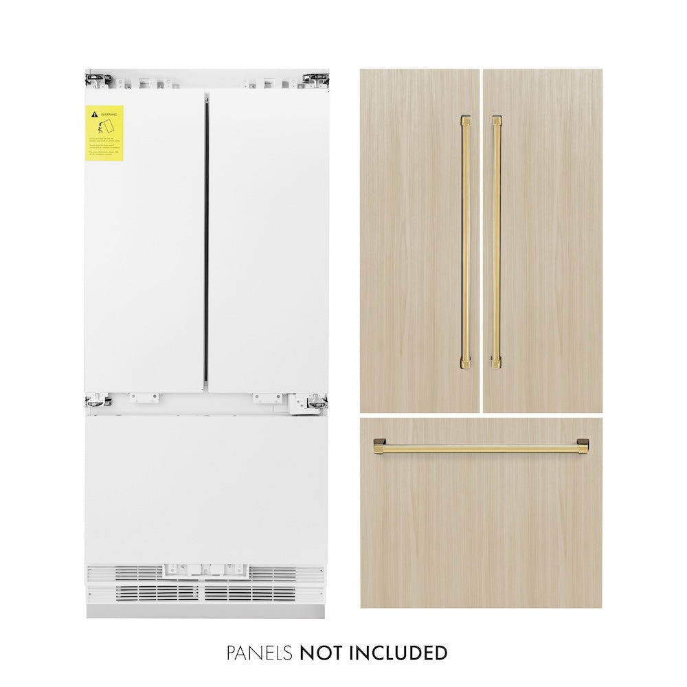 ZLINE Autograph Edition 36 in. 19.6 cu. ft. Panel Ready French Door Built-In Bottom Freezer Refrigerator with Water Dispenser and Ice Maker with Polished Gold Accents (RBIVZ-36-G) front, refrigeration unit next to panels and handles. Text: Panels NOT included.