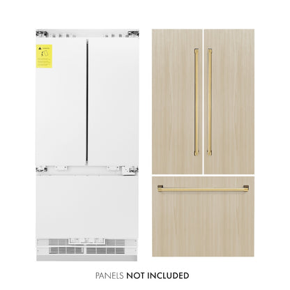 ZLINE Autograph Edition 36 in. 19.6 cu. ft. Panel Ready French Door Built-In Bottom Freezer Refrigerator with Water Dispenser and Ice Maker with Polished Gold Accents (RBIVZ-36-G) front, refrigeration unit next to panels and handles. Text: Panels NOT included.