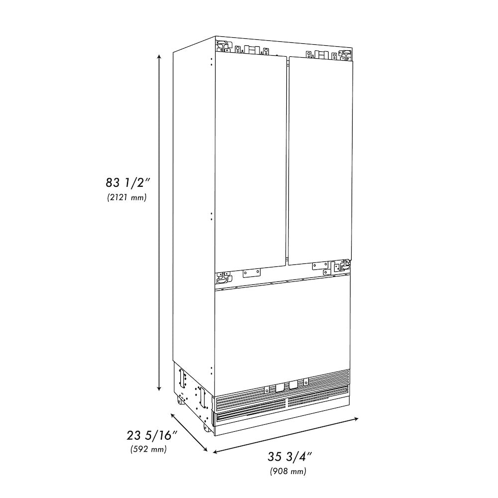 ZLINE Autograph Edition 36 in. 19.6 cu. ft. Panel Ready French Door Built-In Bottom Freezer Refrigerator with Water Dispenser and Ice Maker with Matte Black Accents (RBIVZ-36-MB) dimensional diagram.