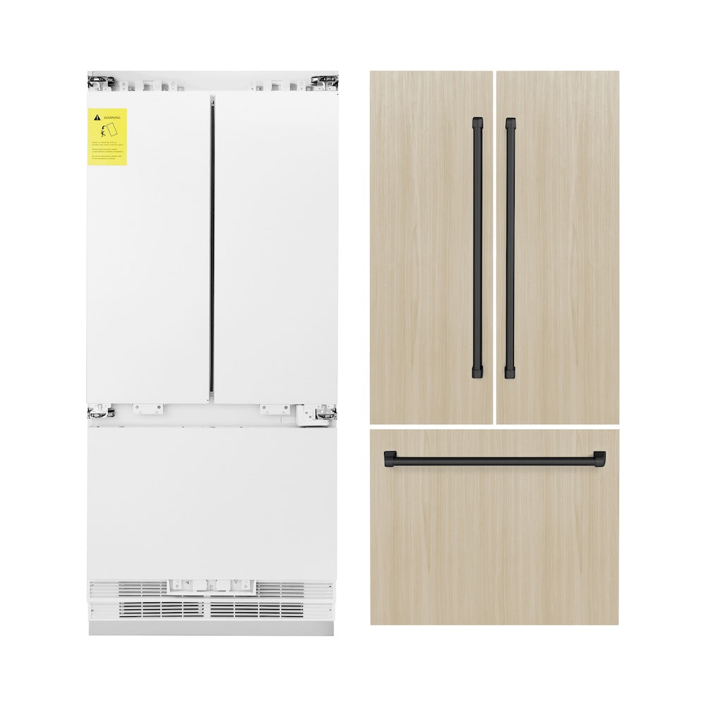 ZLINE Autograph Edition 36 in. 19.6 cu. ft. Panel Ready Built-in 3-Door French Door Refrigerator with Internal Water and Ice Dispenser with Matte Black Handles (RBIVZ-36-MB) front, refrigeration unit next to custom panels with handles installed.