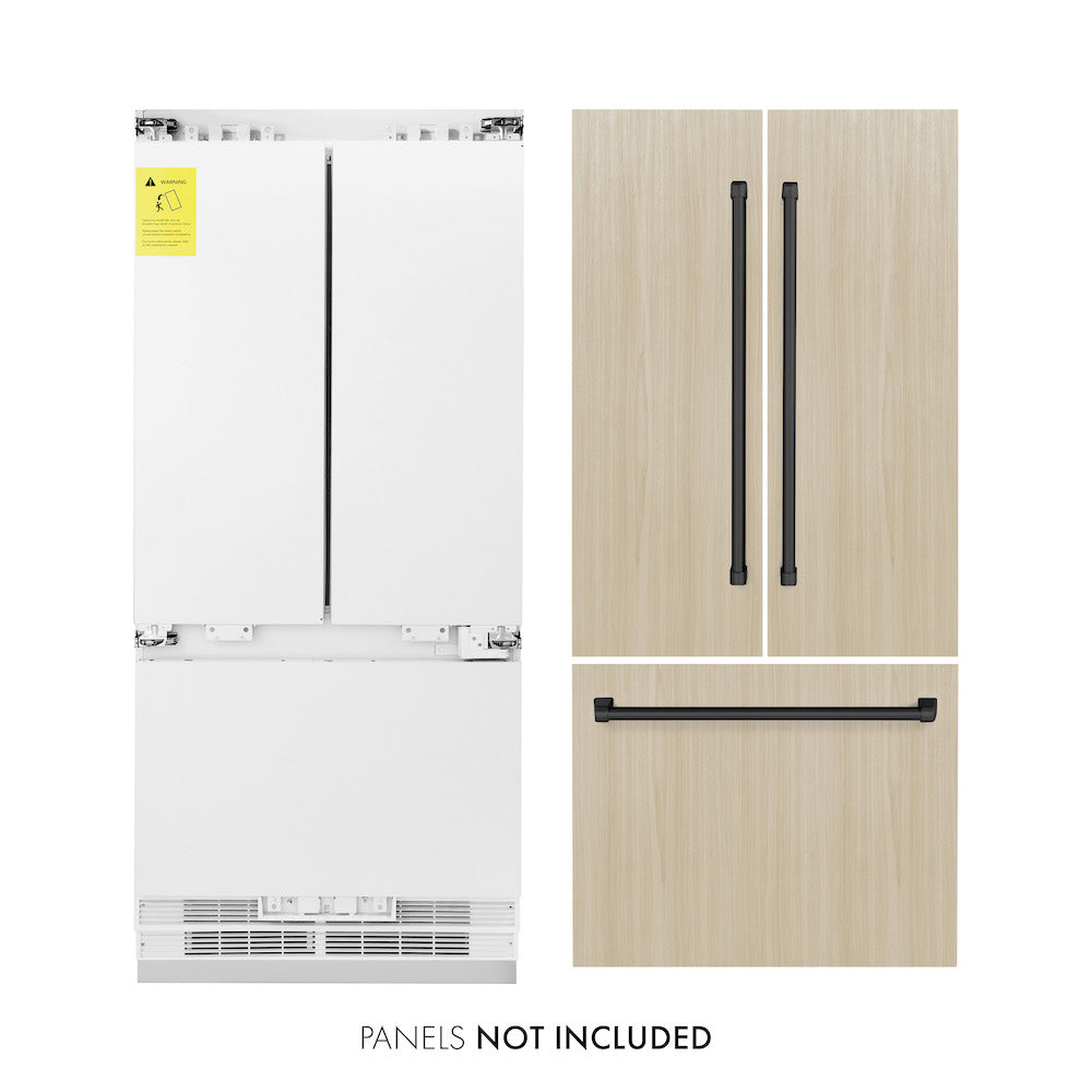 ZLINE Autograph Edition 36 in. Panel Ready Built-in Refrigerator next to custom panels with included Matte Black Handles front. Text: Panels not included.