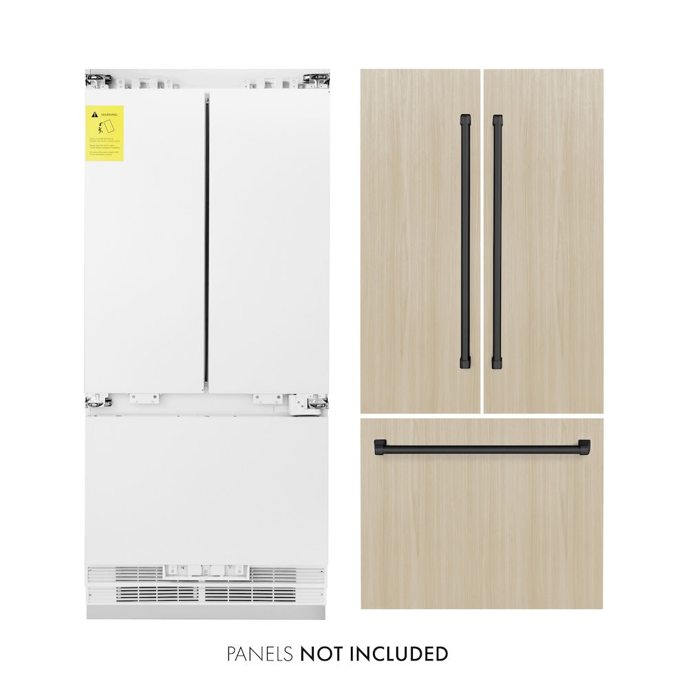 ZLINE Autograph Edition 36 in. 19.6 cu. ft. Panel Ready French Door Built-In Bottom Freezer Refrigerator with Water Dispenser and Ice Maker with Matte Black Accents (RBIVZ-36-MB) front, refrigeration unit next to panels and handles. Text: Panels NOT included.