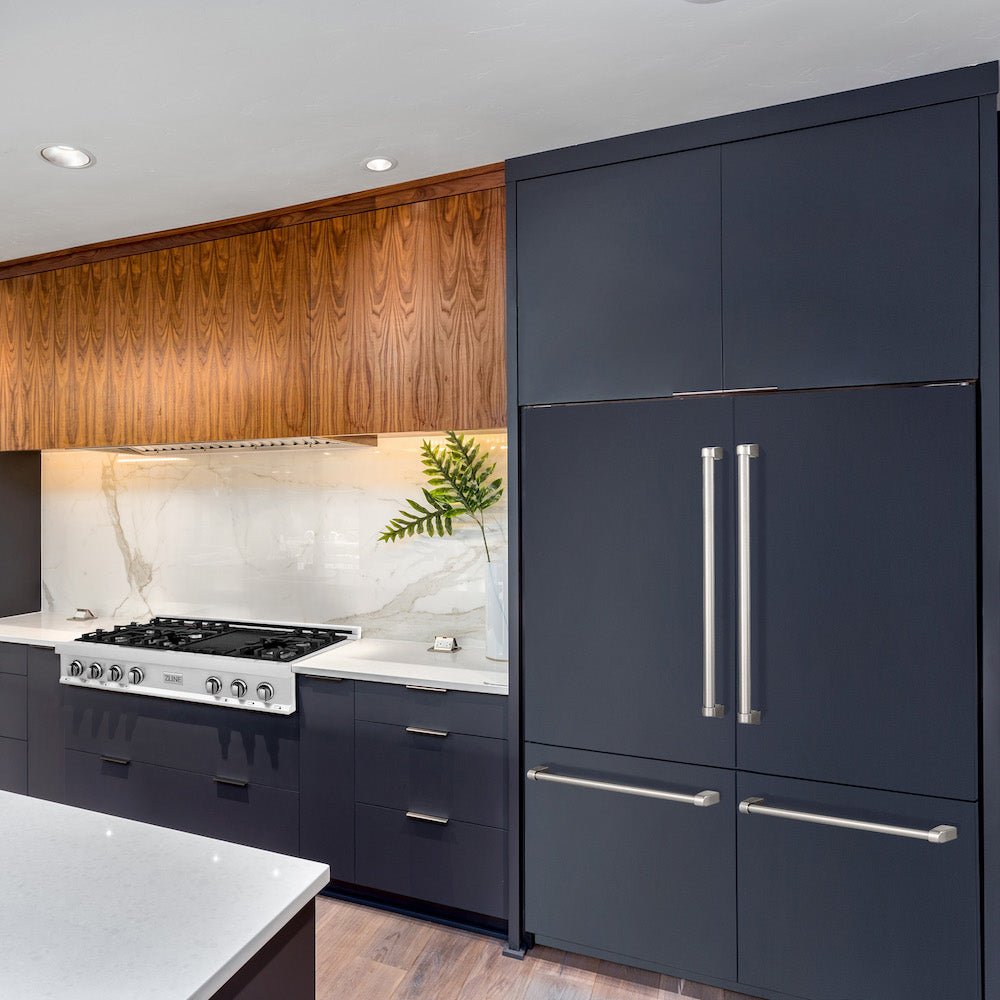 ZLINE Autograph Edition 60 in. Panel Ready Built-in Refrigerator with custom navy blue panels in a kitchen.