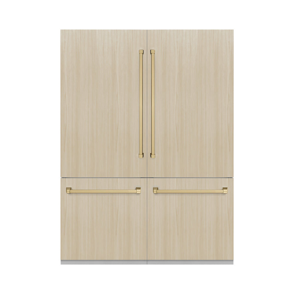 ZLINE Autograph Edition 60 in. Panel Ready Built-in Refrigerator with Champagne Bronze handles installed on custom panels front.