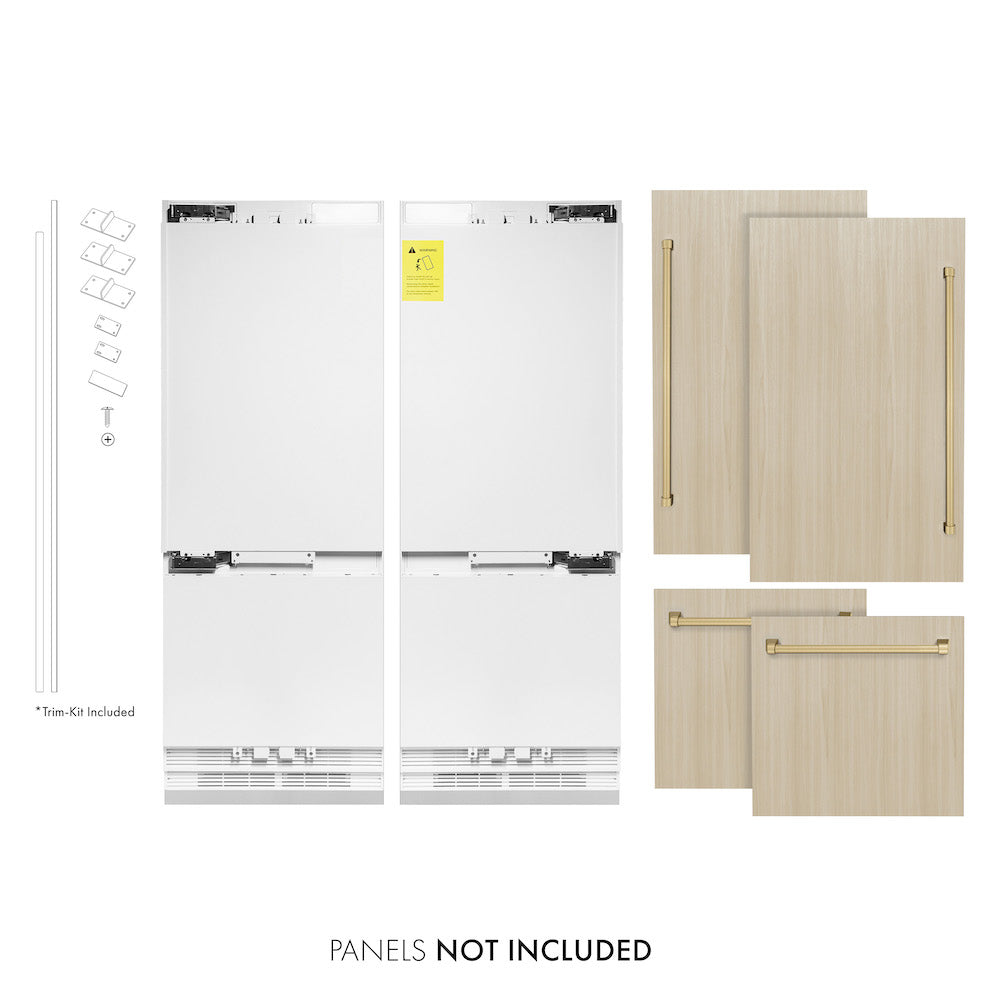 ZLINE Autograph Edition 60 in. Panel Ready Built-in Refrigerator next to custom panels with included Champagne Bronze Handles front. Text: Panels not included.