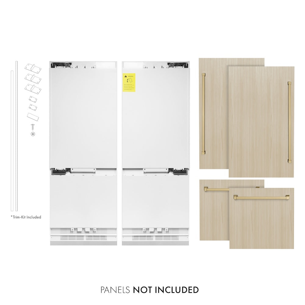 ZLINE Autograph Edition 60 in. 32.2 cu. ft. Panel Ready Built-In 4-Door French Door Refrigerator with Internal Water and Ice Dispenser with Champagne Bronze Handles (RBIVZ-60-CB) front, refrigeration unit next to custom panels. Text: Panels NOT included.