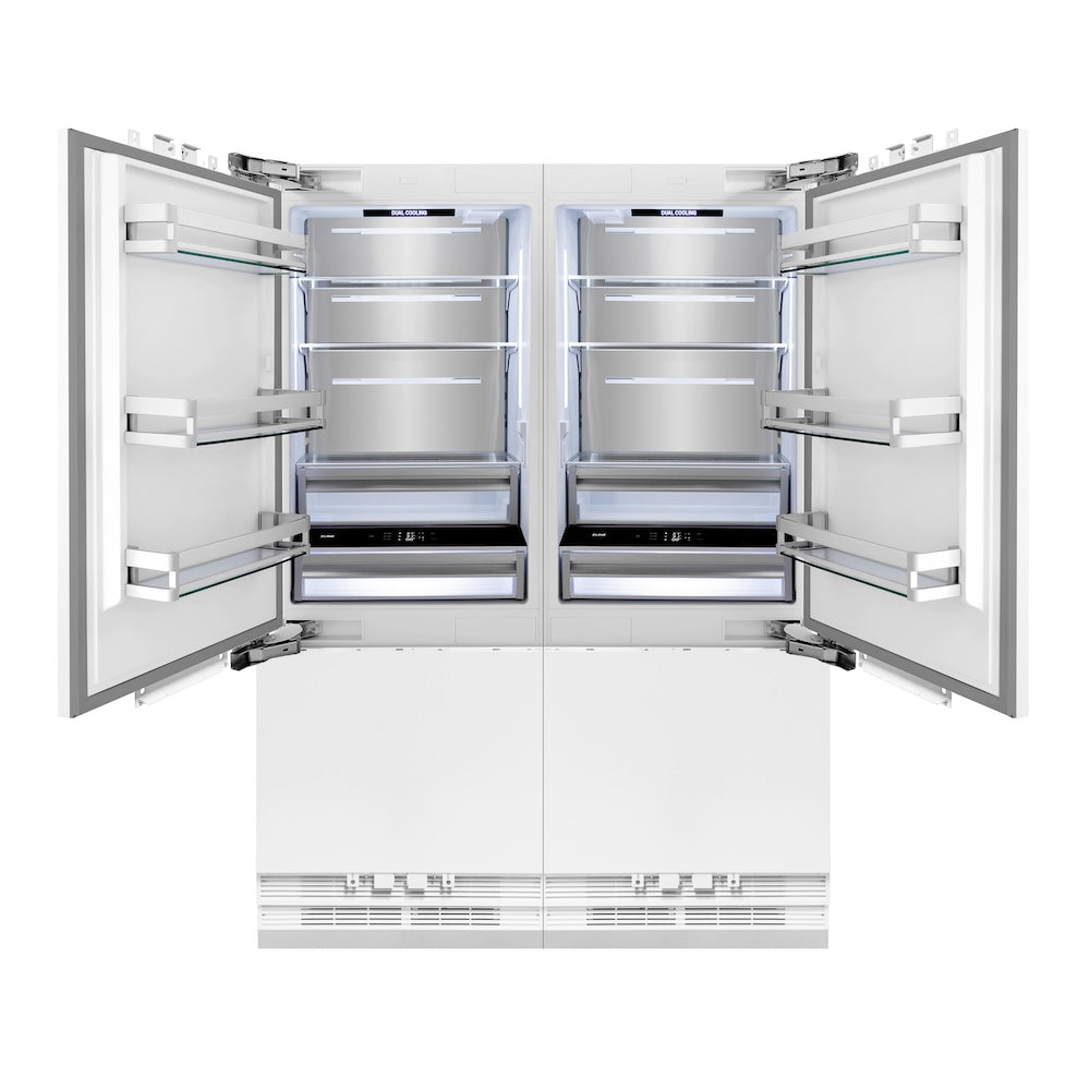 ZLINE Autograph Edition 60 in. 32.2 cu. ft. Panel Ready French Door Built-In Bottom Freezer Refrigerator with Water Dispenser and Ice Maker with Polished Gold Accents (RBIVZ-60-G) front, open, empty.