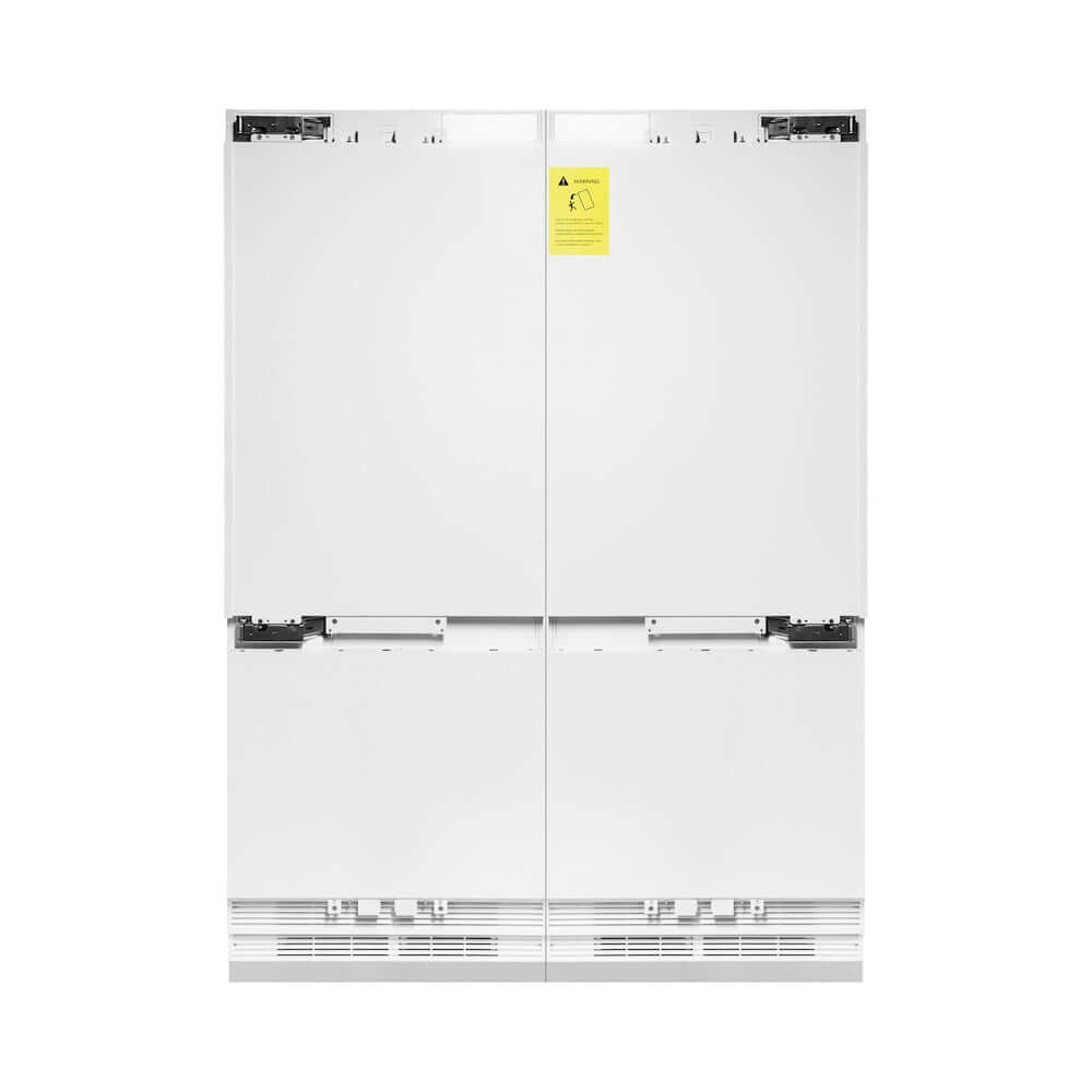 ZLINE Autograph Edition 60 in. 32.2 cu. ft. Panel Ready Built-In 4-Door French Door Refrigerator with Internal Water and Ice Dispenser with Polished Gold Handles (RBIVZ-60-G) front, without panels, closed.