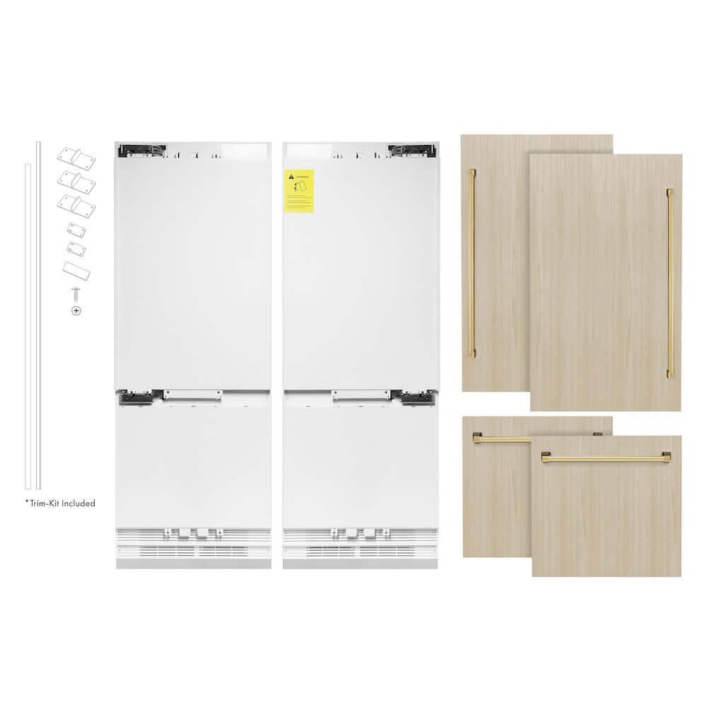 ZLINE Autograph Edition 60 in. 32.2 cu. ft. Panel Ready Built-In 4-Door French Door Refrigerator with Internal Water and Ice Dispenser with Polished Gold Handles (RBIVZ-60-G) front, refrigeration unit next to custom panels with handles installed.