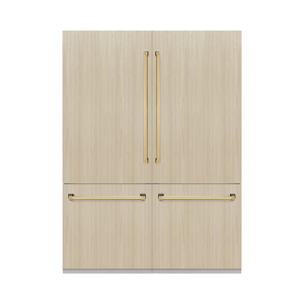 ZLINE Autograph Edition 60 in. Panel Ready Built-in Refrigerator with Polished Gold handles installed on custom panels front.