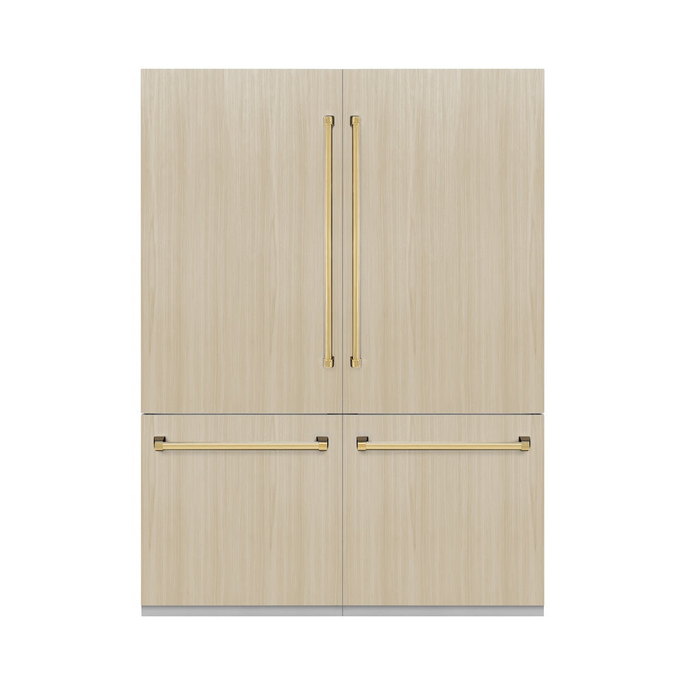 ZLINE Autograph Edition 60 in. 32.2 cu. ft. Panel Ready French Door Built-In Bottom Freezer Refrigerator with Water Dispenser and Ice Maker with Polished Gold Accents (RBIVZ-60-G) front, with custom panels, closed.