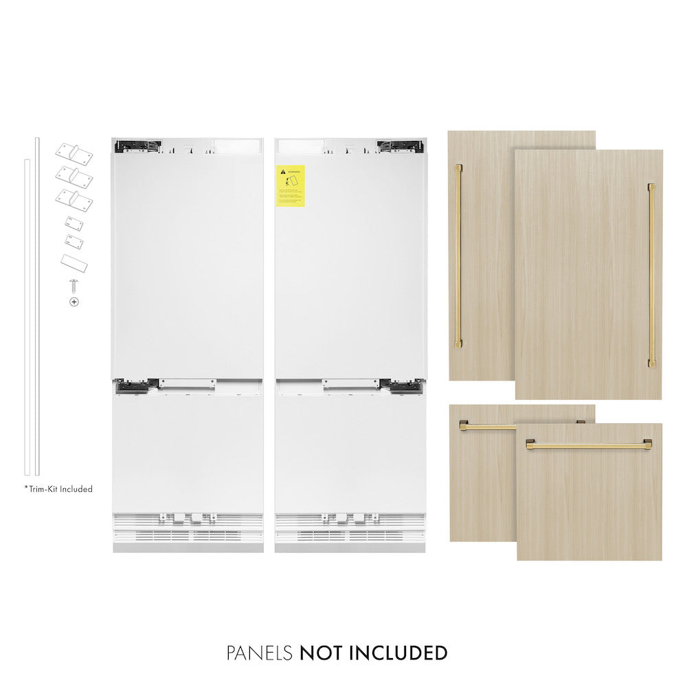 ZLINE Autograph Edition 60 in. Panel Ready Built-in Refrigerator next to custom panels with included Polished Gold Handles front. Text: Panels not included.