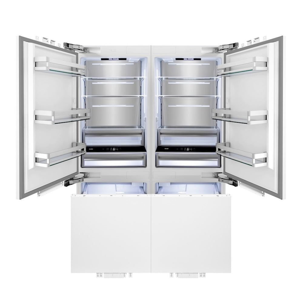 ZLINE Autograph Edition 60 in. 32.2 cu. ft. Panel Ready French Door Built-In Bottom Freezer Refrigerator with Water Dispenser and Ice Maker with Matte Black Accents (RBIVZ-60-MB) front, refrigeration compartment and bottom freezer open with lights on.