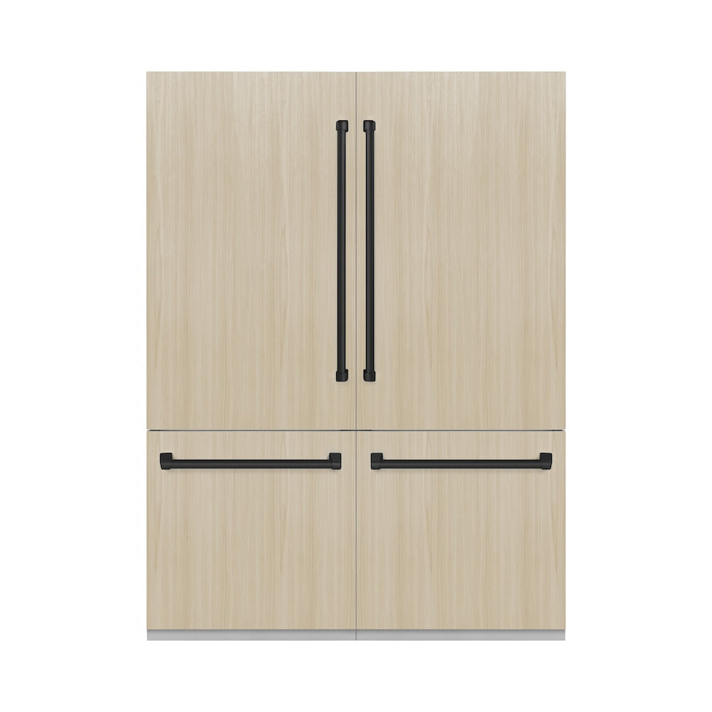 ZLINE Autograph Edition 60 in. 32.2 cu. ft. Panel Ready French Door Built-In Bottom Freezer Refrigerator with Water Dispenser and Ice Maker with Matte Black Accents (RBIVZ-60-MB) front, with custom panels, closed.