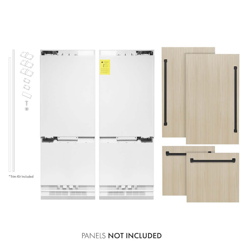 ZLINE Autograph Edition 60 in. 32.2 cu. ft. Panel Ready Built-In 4-Door French Door Refrigerator with Internal Water and Ice Dispenser with Matte Black Handles (RBIVZ-60-MB) front, refrigeration unit next to custom panels. Text: Panels NOT included.