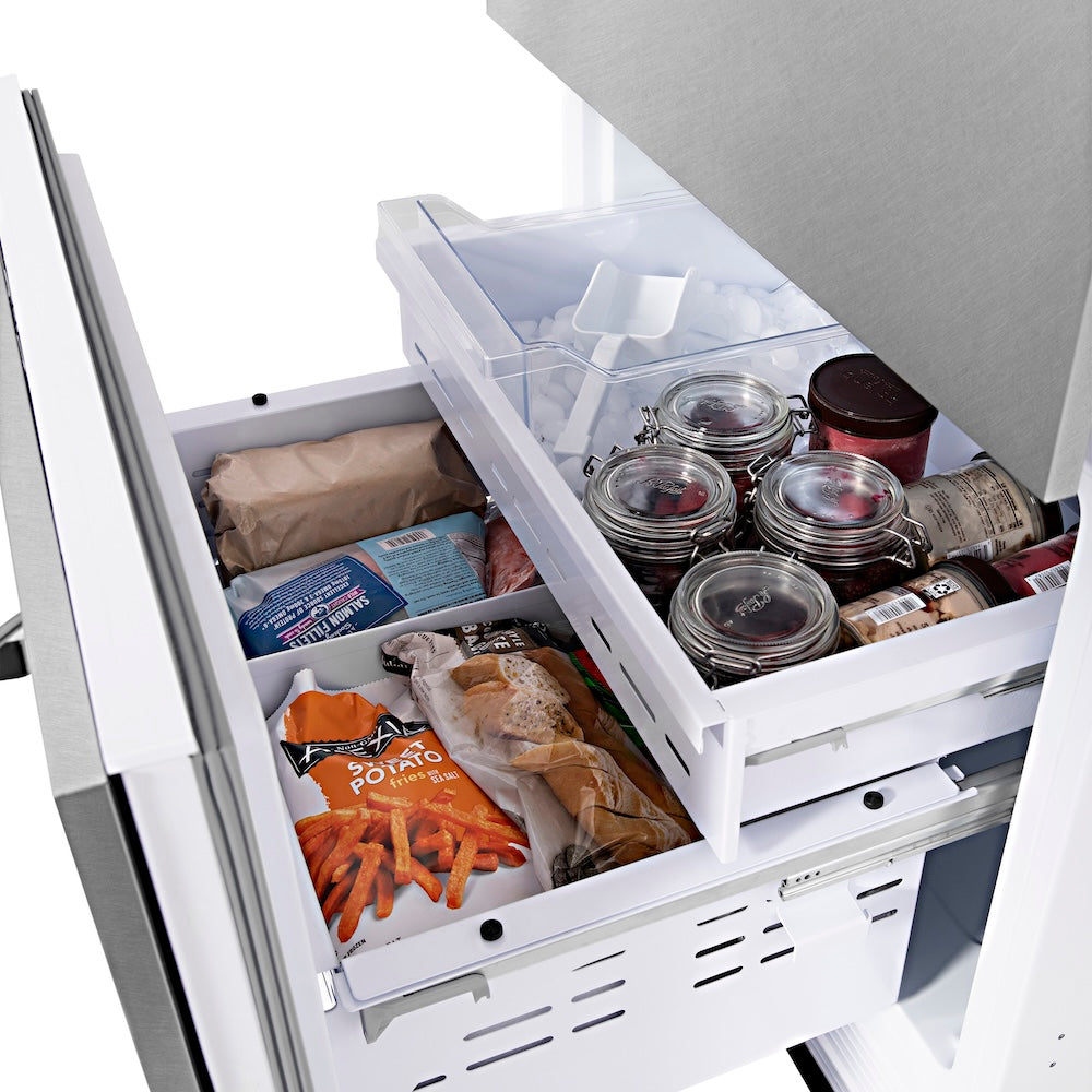 ZLINE Autograph Edition 30 in. 16.1 cu. ft. Built-In Bottom Freezer Refrigerator with Water Dispenser and Ice Maker in Satin Stainless Steel with Champagne Bronze Accents (RBIVZ-SN-30-CB) bottom freezer open filled with frozen food items.
