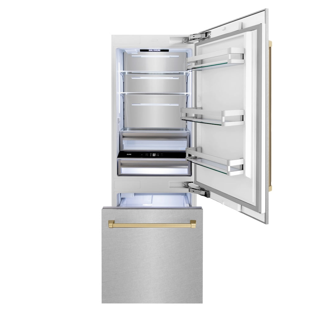 ZLINE Autograph Edition 30 in. 16.1 cu. ft. Built-In Bottom Freezer Refrigerator with Water Dispenser and Ice Maker in Satin Stainless Steel with Champagne Bronze Accents (RBIVZ-SN-30-CB) front, refrigeration compartment and bottom freezer drawer open with lights activated.